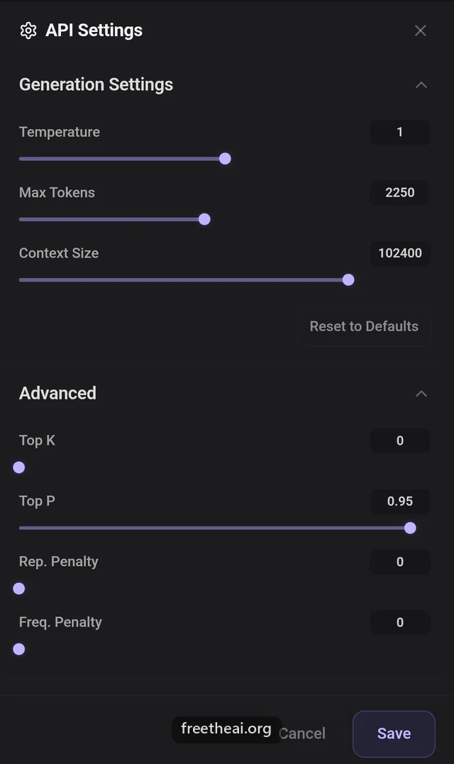 JanitorAI Generation Settings with Temperature, Max Tokens, and Context Size, then Advanced settings and the Save button.