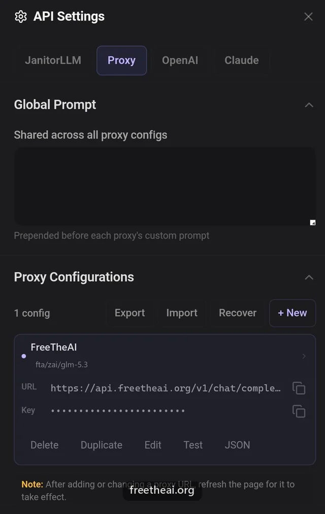 JanitorAI API Settings on the Proxy tab with one configuration named FreeTheAI, model fta/zai/glm-5.3, and the URL https://api.freetheai.org/v1/chat/completions.